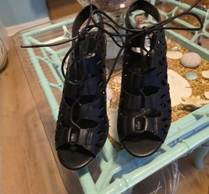 TOP Moda Black Laser-Cut Lace-Up Open-Toe Heels